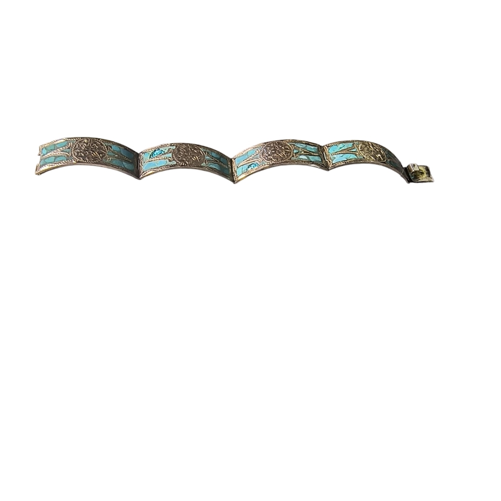 Vintage Mexico Sterling Silver & Crushed Turquoise Inca/Mayan Panel Bracelet - Picture 7 of 13